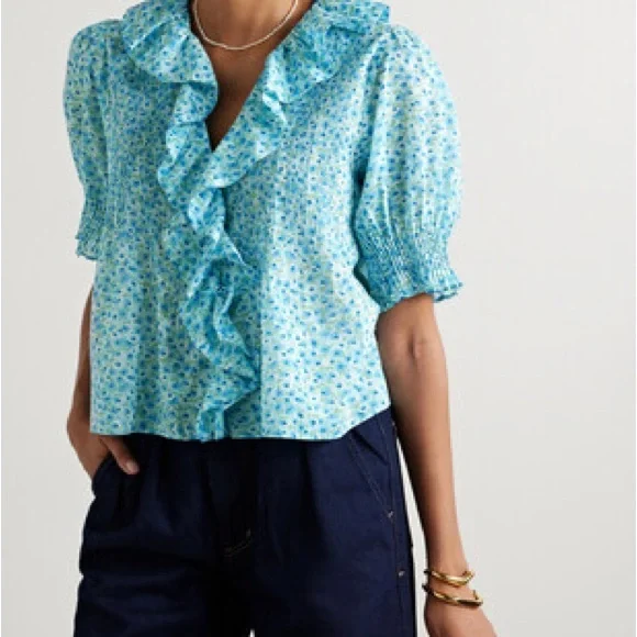 Doen Henri Blue Daisy Fields Floral Ruffle Blouse XS - Picture 3 of 4